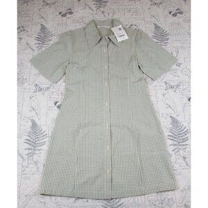 NEW Oak + Fort Womens button front green gingham shirt dress womens size XS